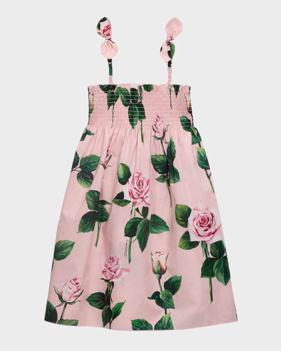 Girl's Rose-Print Smocked Sundress, Size 8-14